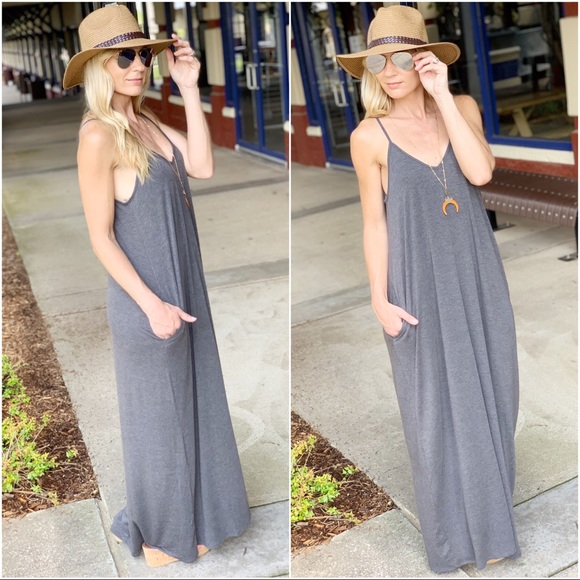 Infinity Raine Dresses & Skirts - ✨LAST ONE✨ Gray V Neck Cami Maxi Dress w/ Pockets